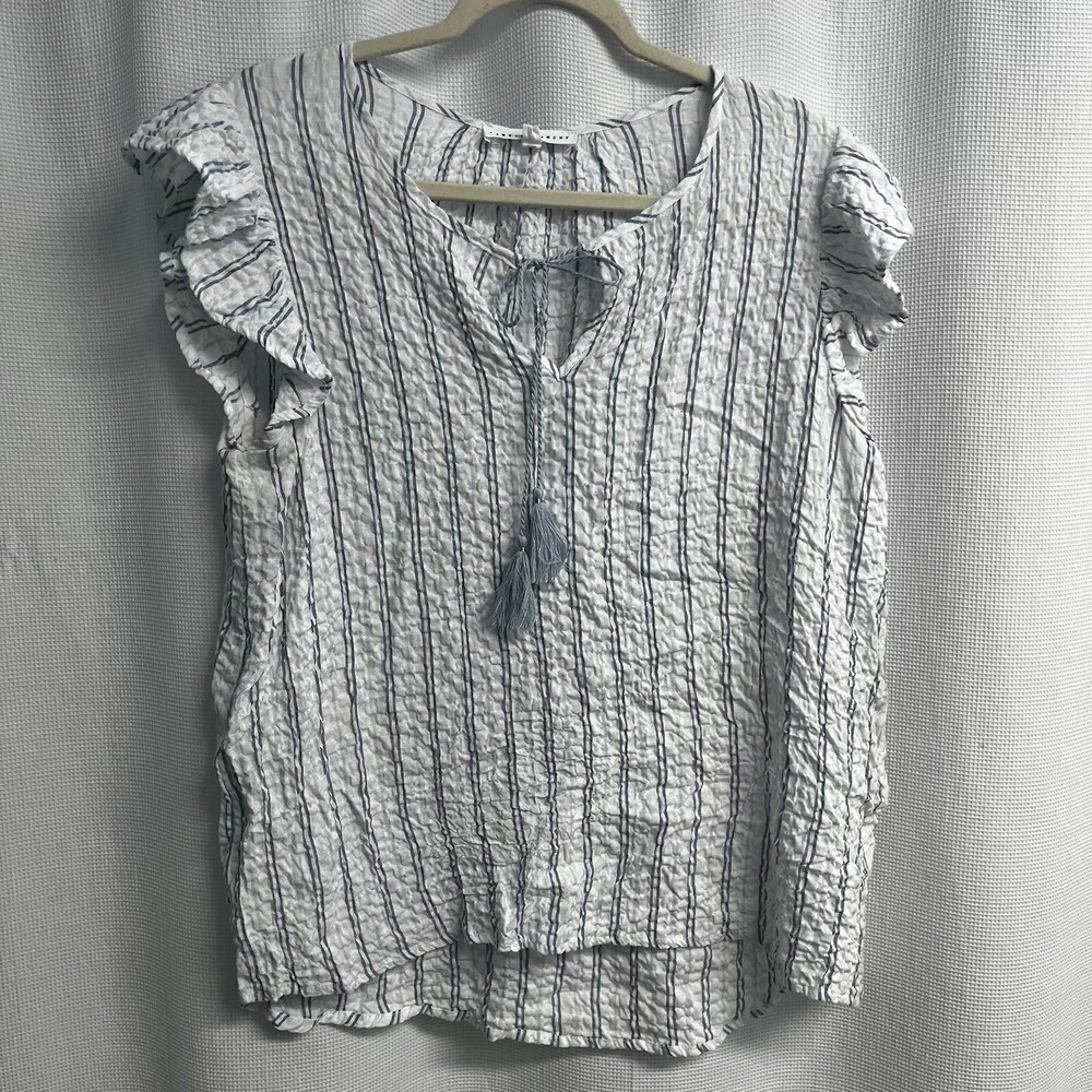Jane & Delancey Blue‎ White Stripe Seersucker Blouse Large Peasant Classic